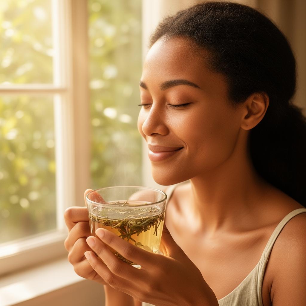 A woman enjoying a quiet wellness moment with herbal tea in warm natural light